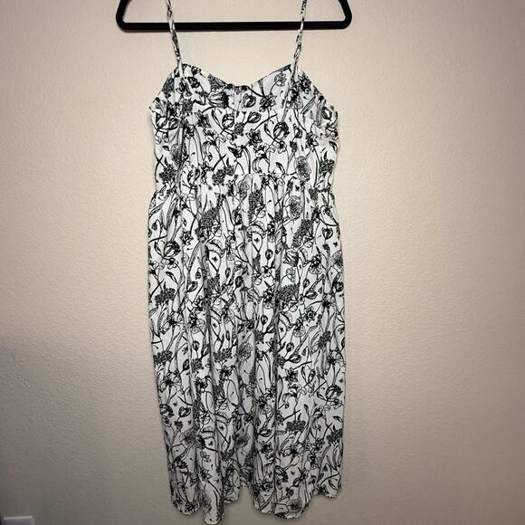 Women's Black and White Floral Structured Corset Cami Romantic Midi Dress - Picture 5 of 6
